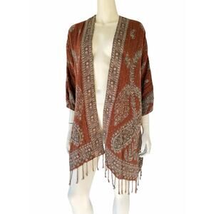 Soft Surroundings Long Cardigan Shawl paisley print, fringe hem OPEN FRONT M